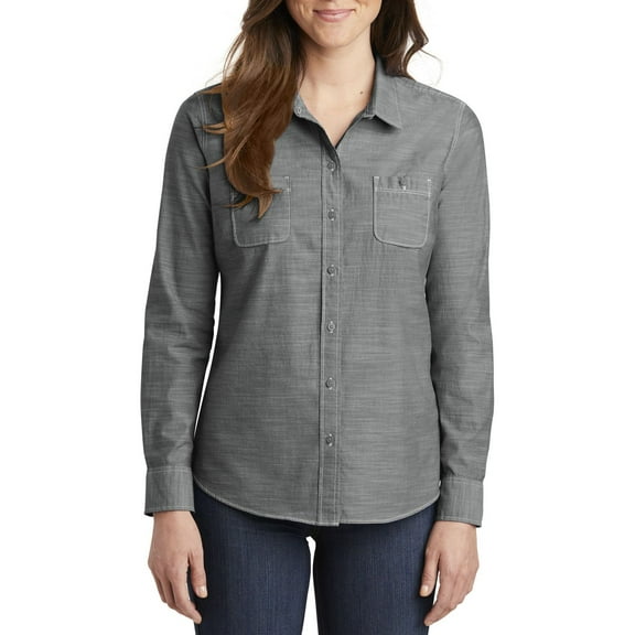Just Blanks Ladies Slub Chambray Shirt Pearlized Buttons Double Chest Pockets With Buttons, Grey, 4XL