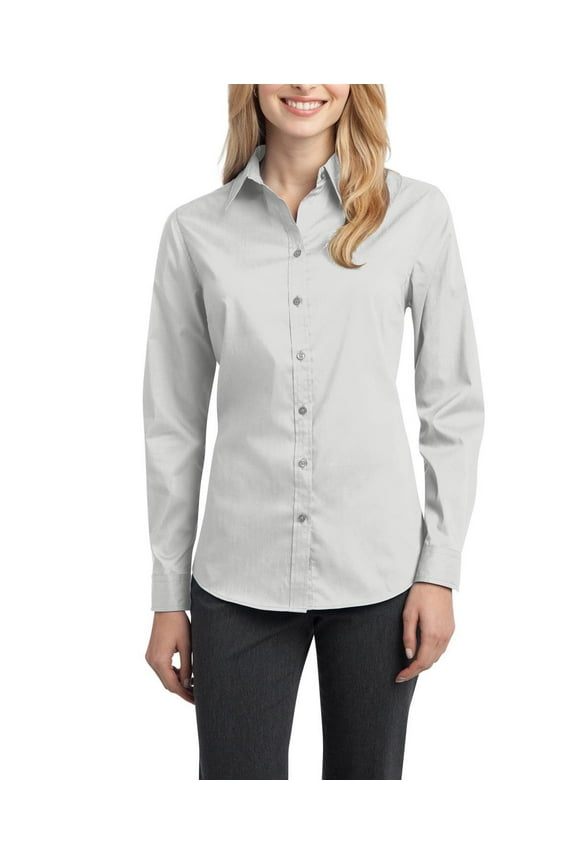 Ladies Stretch Poplin Shirt with Tailored Fit Button Through Sleeves