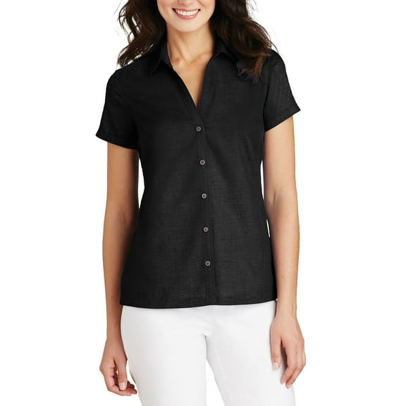 JustBlanks Ladies Textured Camp Shirt Cotton Poly Blend with Open Collar Short Sleeves