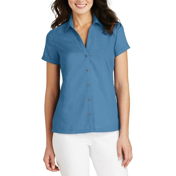 JustBlanks Ladies Textured Camp Shirt Cotton Poly Blend with Open Collar Short Sleeves