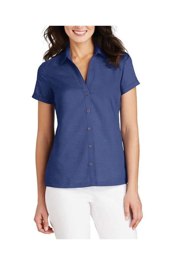 Ladies Textured Camp Shirt Cotton Poly Blend with Open Collar Short Sleeves