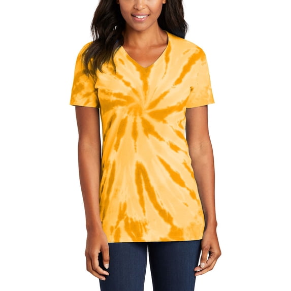 Just Blanks Ladies Tie-Dye V-Neck Tee Back Neck Tape I2 Contoured Body For A Feminine Fit, Gold, 4XL