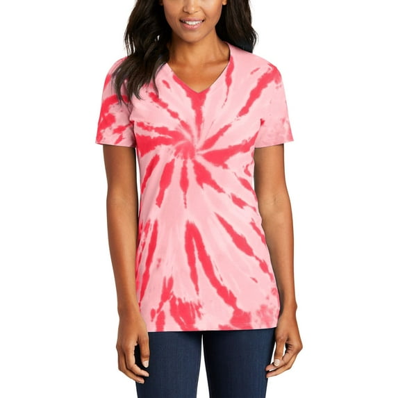 Just Blanks Ladies Tie-Dye V-Neck Tee Back Neck Tape I2 Contoured Body For A Feminine Fit, Red, 3XL