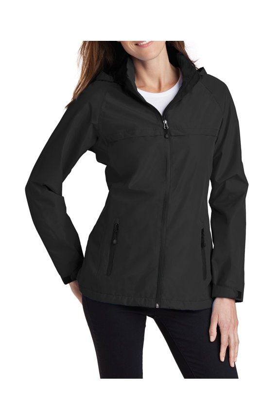 Womens Waterproof Lightweight Polyester Rain Jacket with Zip Off Hood Adjustable Cuffs