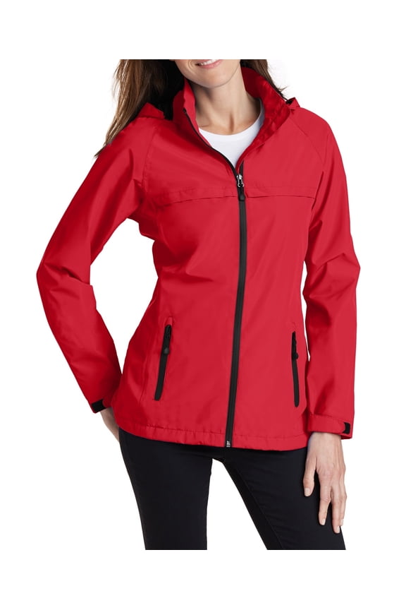 Womens Waterproof Lightweight Polyester Rain Jacket with Zip Off Hood Adjustable Cuffs