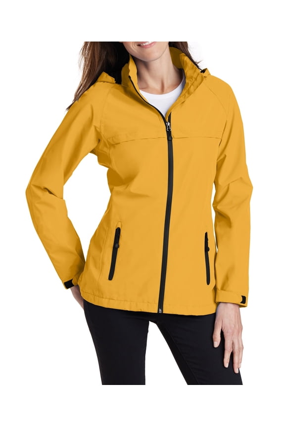 Womens Waterproof Lightweight Polyester Rain Jacket with Zip Off Hood Adjustable Cuffs