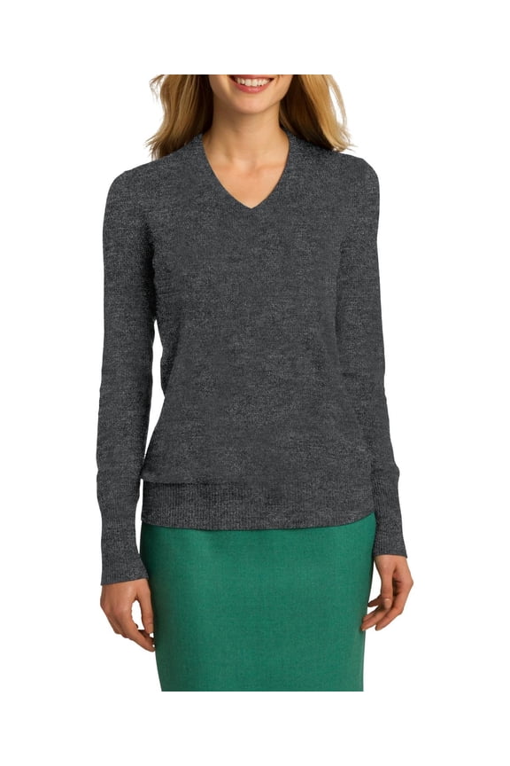 Just Blanks Ladies V-Neck Sweater Rib Knit V-Neck Cuffs And Hem Cuffs For Character, Charcoal Heather, S