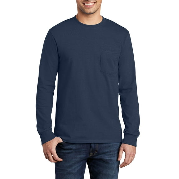 Just Blanks Long Sleeve Pocket T-Shirt – Soft, Durable Cotton Tee with Classic Pocket Design, Navy, 4XL