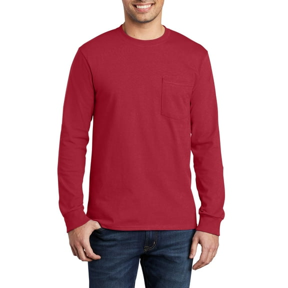 Just Blanks Long Sleeve Pocket T-Shirt – Soft, Durable Cotton Tee with Classic Pocket Design, Red, 4XL