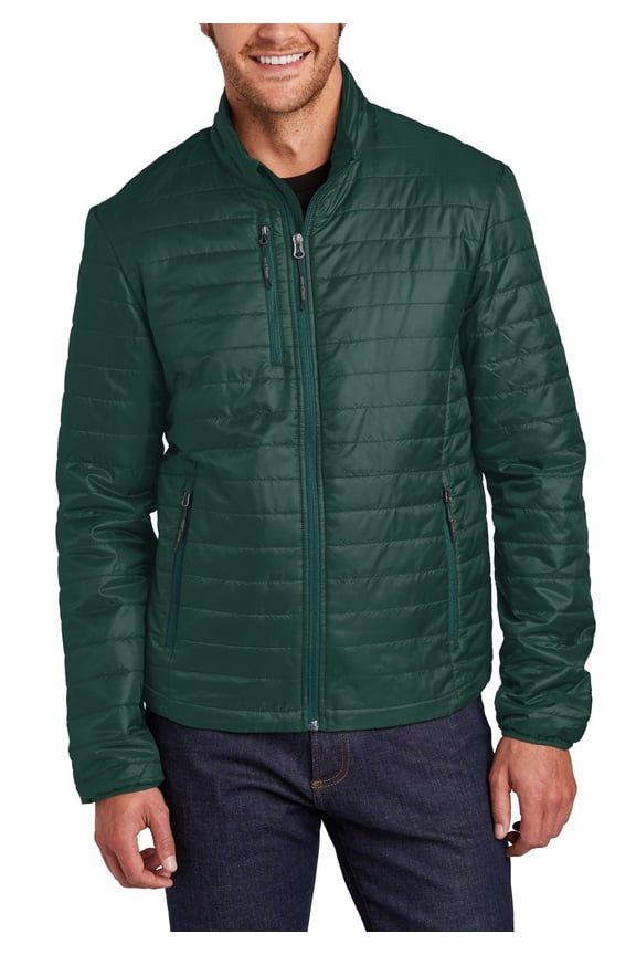 Mens Packable Puffy Jacket with Zippered Pockets Water Resistant Polyester Shell Full Zip Front