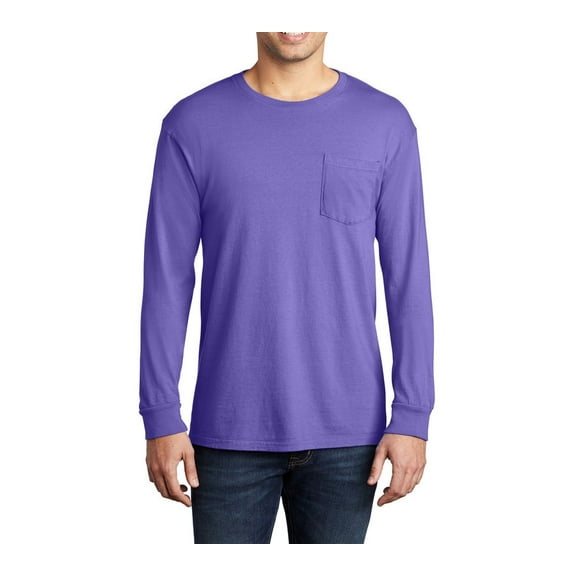JustBlanks Garment Dyed Long Sleeve Pocket 100 Ring Spun Cotton Crew Neck T Shirt