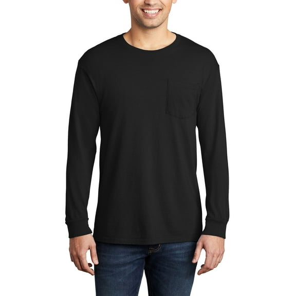 JustBlanks Garment Dyed Long Sleeve Pocket 100 Ring Spun Cotton Crew Neck T Shirt