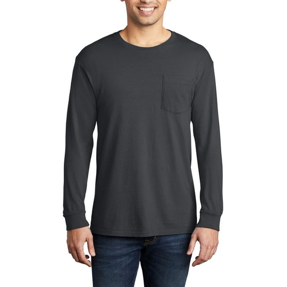 JustBlanks Garment Dyed Long Sleeve Pocket 100 Ring Spun Cotton Crew Neck T Shirt