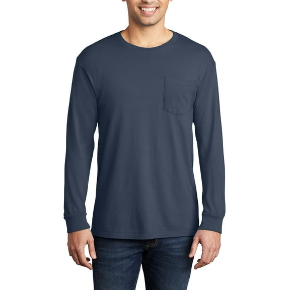 JustBlanks Garment Dyed Long Sleeve Pocket 100 Ring Spun Cotton Crew Neck T Shirt