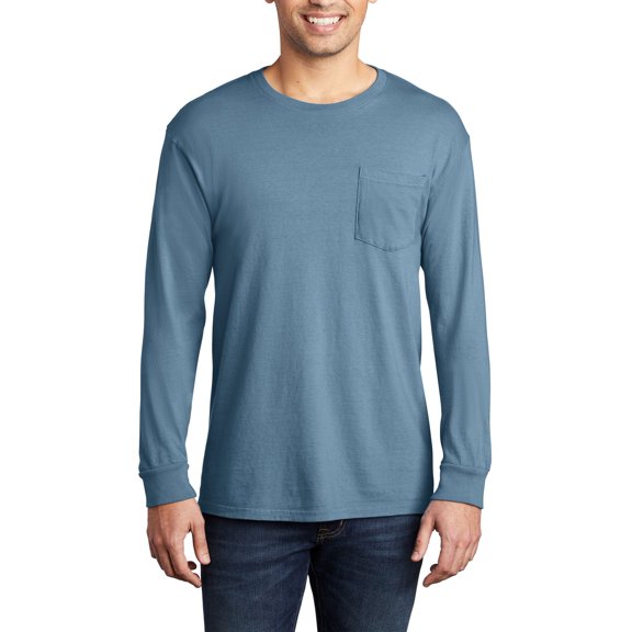 JustBlanks Garment Dyed Long Sleeve Pocket 100 Ring Spun Cotton Crew Neck T Shirt