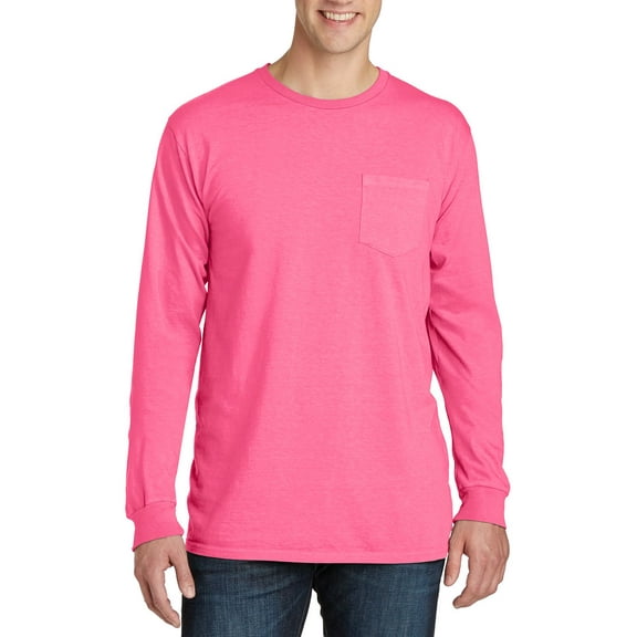 JustBlanks Garment Dyed Long Sleeve Pocket 100 Ring Spun Cotton Crew Neck T Shirt