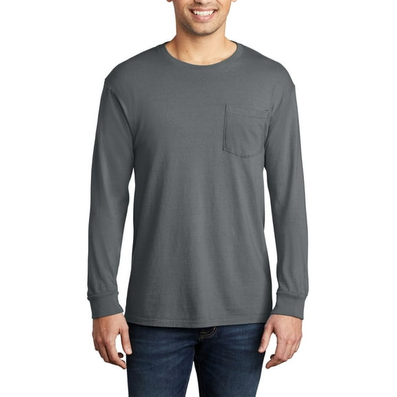 JustBlanks Garment Dyed Long Sleeve Pocket 100 Ring Spun Cotton Crew Neck T Shirt