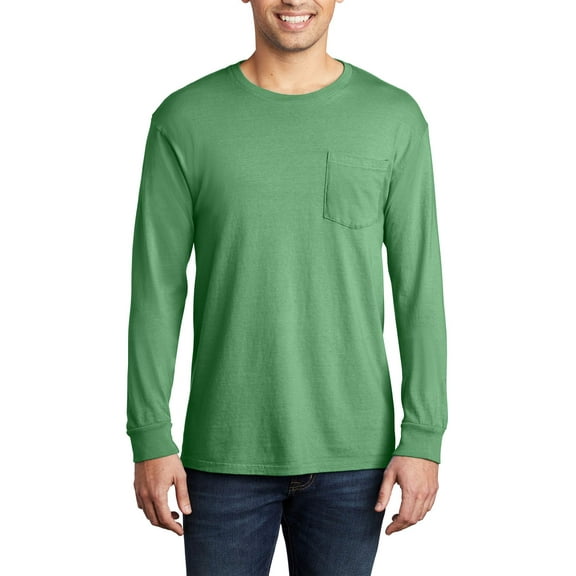 JustBlanks Garment Dyed Long Sleeve Pocket 100 Ring Spun Cotton Crew Neck T Shirt
