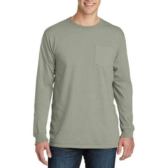 JustBlanks Garment Dyed Long Sleeve Pocket 100 Ring Spun Cotton Crew Neck T Shirt