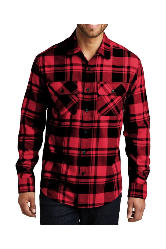 Just Blanks Plaid Flannel Shirt Open Collar Bias-Cut Back Yoke, Engine Red, 4XL