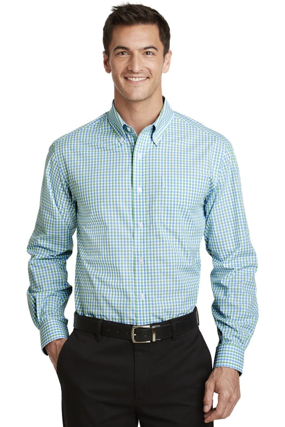 Long Sleeve Gingham Check Easy Care Wrinkle Resistant Button Down Shirt with Chest Pocket