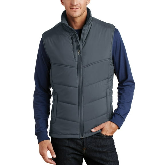 Just Blanks Puffy Vest Zip-Through Cadet Collar Hidden Zippered Chest Pocket, Dark Slate/Black, 4XL
