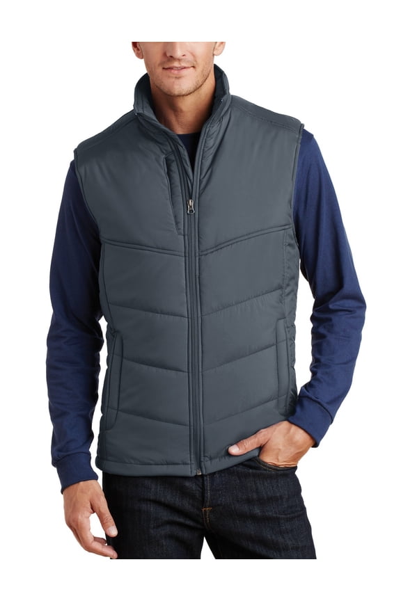 Just Blanks Puffy Vest Zip-Through Cadet Collar Hidden Zippered Chest Pocket, Dark Slate/Black, 4XL
