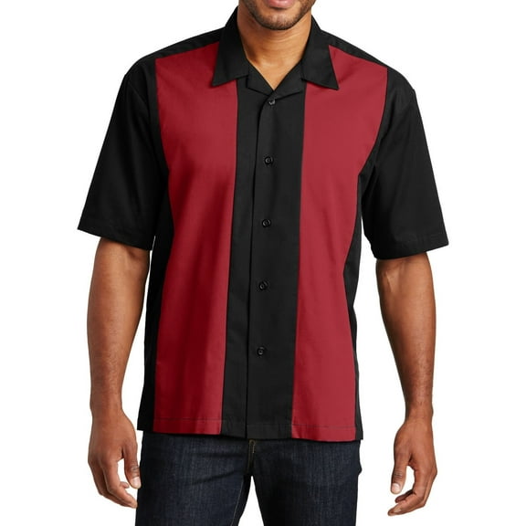 Just Blanks Retro Camp Shirt Camp Style Collar Dyed-to-Match Buttons Open Hem, Black/Red, 4XL