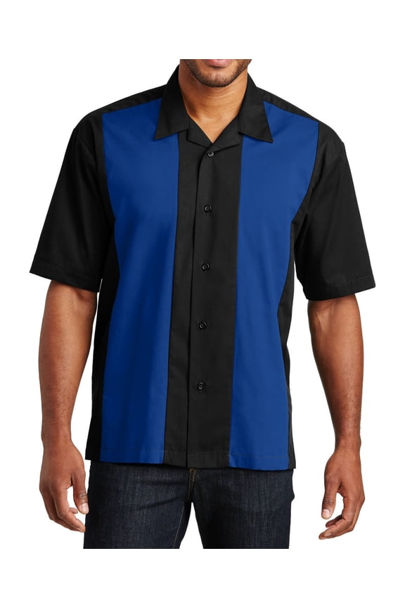 Just Blanks Retro Camp Shirt Camp Style Collar Dyed-to-Match Buttons Open Hem, Black/Royal, 4XL