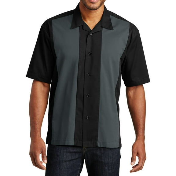Just Blanks Retro Camp Shirt Camp Style Collar Dyed-to-Match Buttons Open Hem, Black/Steel Grey, 4XL