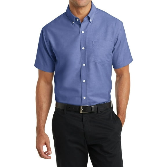 Just Blanks Short Sleeve SuperPro Oxford Shirt Button-Down Collar Back Shoulder Pleats, Navy, 4XL