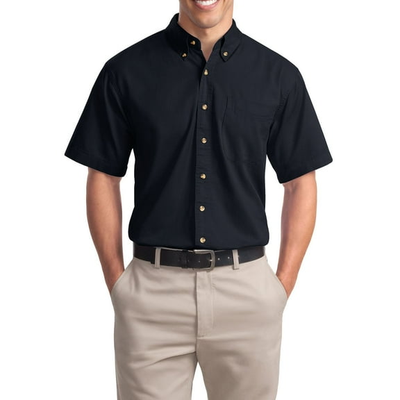 Just Blanks Short Sleeve Twill Shirt Double Needle Stitching Throughout Button Down Collar Patch Pocket, Classic Navy, 4XL