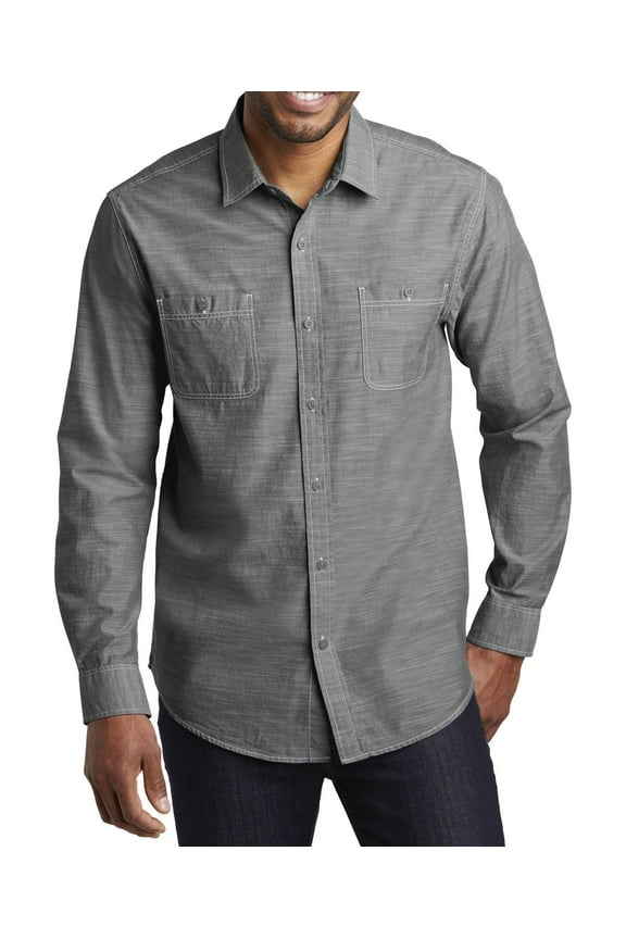 Mens Lightweight Slub Chambray Button Down Shirt Cotton Open Collar Long Sleeves