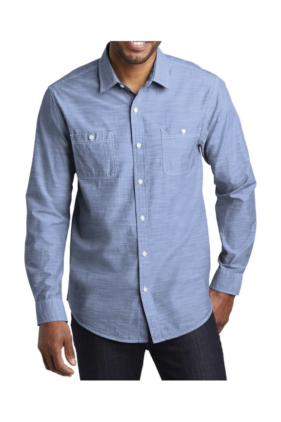 Mens Lightweight Slub Chambray Button Down Shirt Cotton Open Collar Long Sleeves