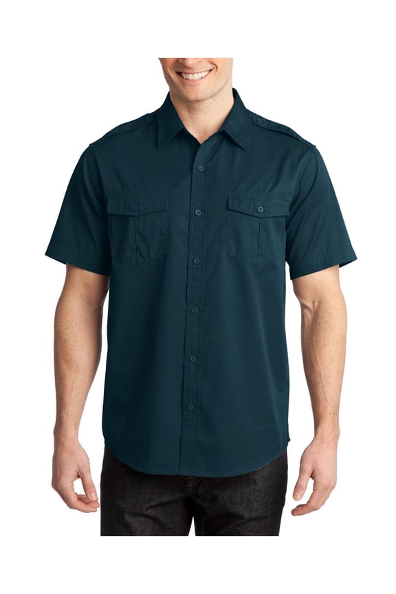Mens Stain Resistant Short Sleeve Twill Shirt Button Down Collar Cotton Poly Blend