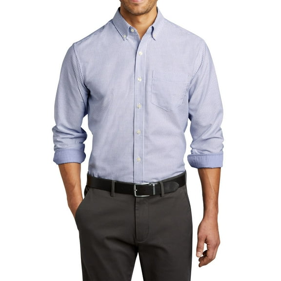 Just Blanks SuperPro Oxford Stripe Shirt Stain-Resistant Button-Down Collar, Oxford Blue/ White, XS