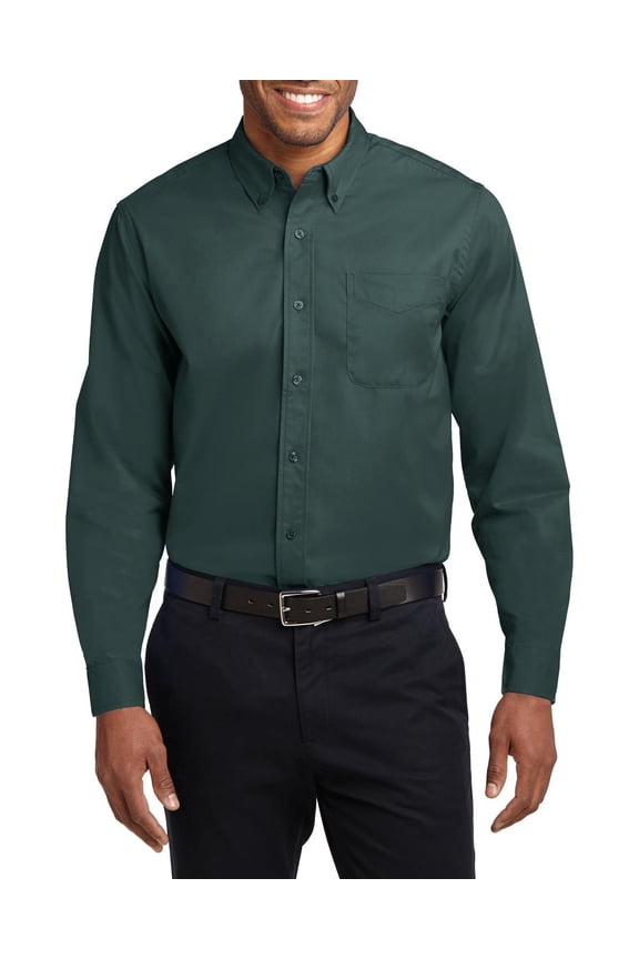 Just Blanks Tall Long Sleeve Easy Care Shirt Button-Down Collar Dyed-To-Match Buttons Box Back Pleat, Dark Green/ Navy, 4XLT