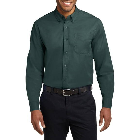 Just Blanks Tall Long Sleeve Easy Care Shirt Button-Down Collar Dyed-To-Match Buttons Box Back Pleat, Dark Green/ Navy, 4XLT
