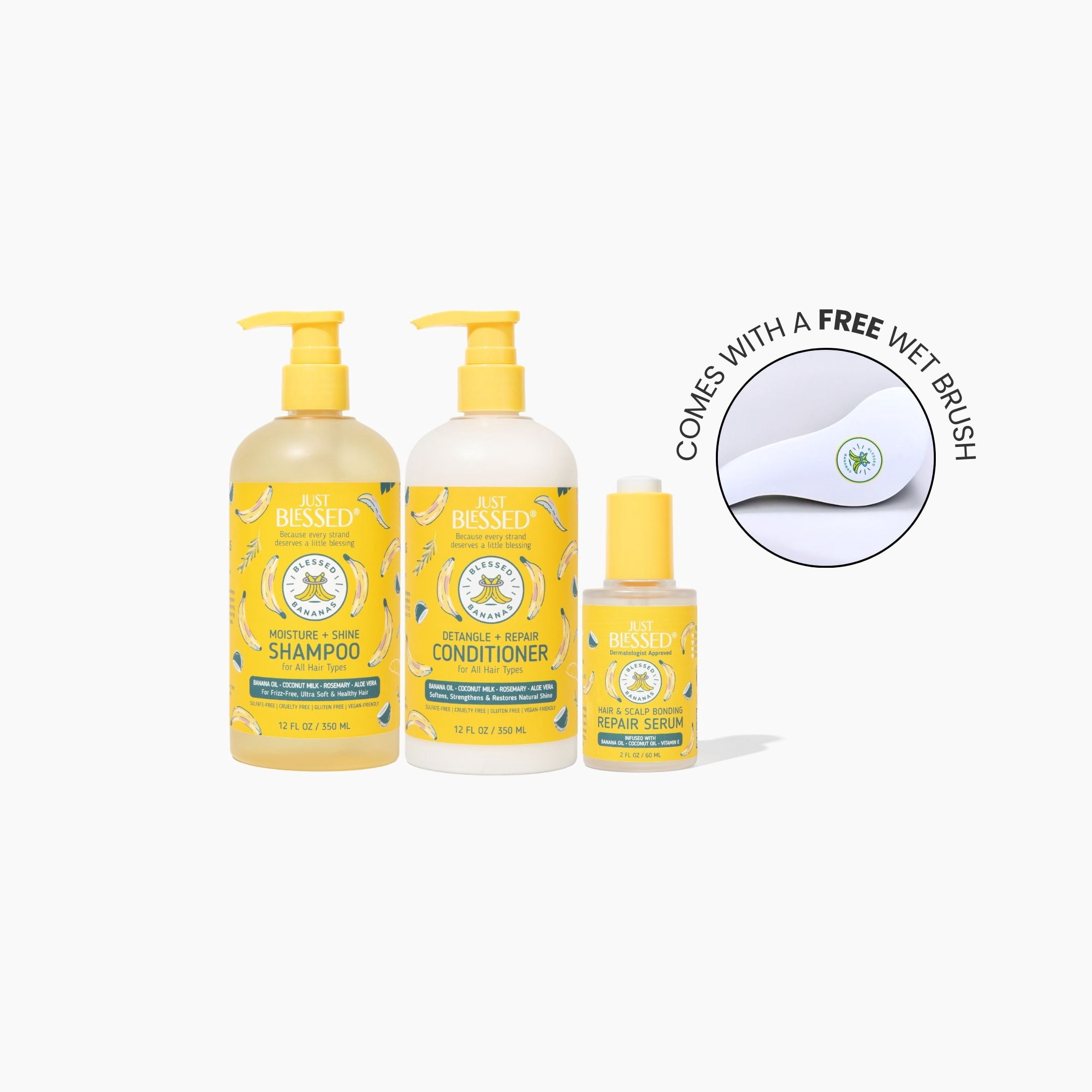 Just Blessed Bundle (Blessed Bananas Shampoo 12 oz, Blessed Bananas Conditioner 12 oz, Blessed Bananas Scalp Serum 2 oz & Bonus Wet Brush)