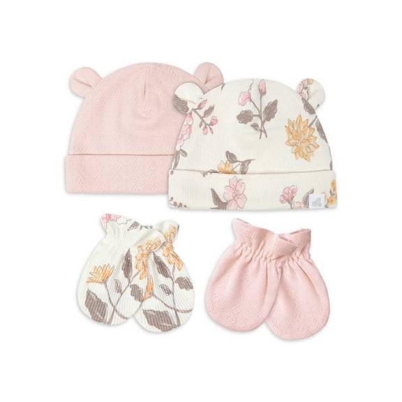Just Born Baby Girl or Boy or Unisex Caps & Mittens Set, 4-Piece (0-6 Months)