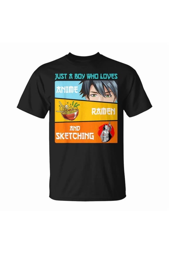 Just a Boy Who Loves Anime Ramen and Sketching Graphic Tee Unisex Youth Cotton Shirt for Japan Culture Fans, Fun Casual Outfit, Otaku Artist Gift Idea, Size 3XL, Color Black