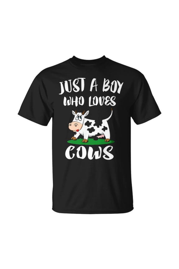 Just a Boy Who Loves Cows Graphic Tee Unisex Adult Cotton Casual Farm Animal Lover T-Shirt for Kids and Country Life Enthusiasts, Size 5XL, Color Black