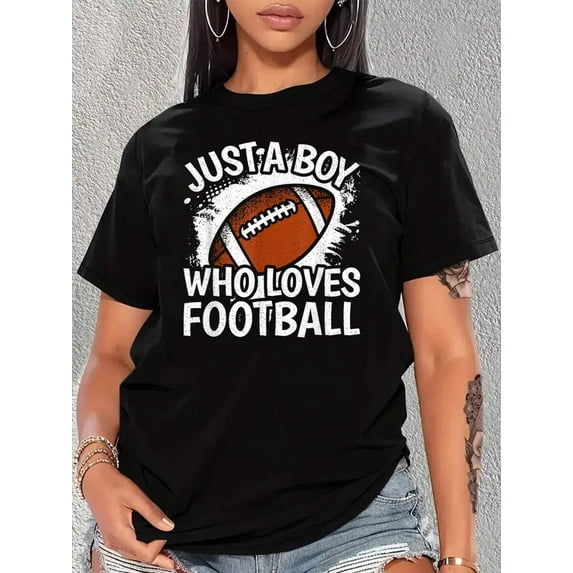 Just A Boy Who Loves Football American Football Boys S T-Shirt Print Crew Neck T-Shirt, Women Graphic T Shirts, Casual Short Sleeve T-Shirt For Spring & Summer, Women's Clothing