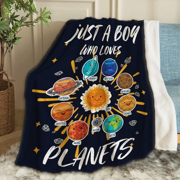 Just A Boy Who Loves Planets & Solar System Throw Blanket Fannel Fleece Super Soft Funny Blanket Travel Throw Blanket for Bed Couch Sofa 40 x 30 Inch for Baby