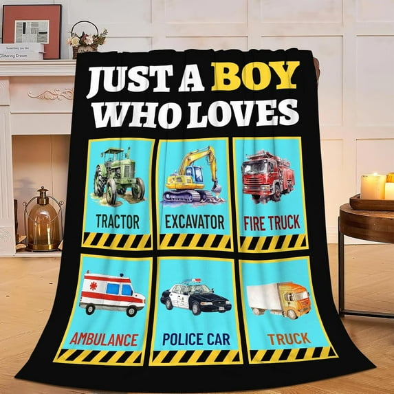 Just a Boy Who Loves Truck Blanket Soft Excavator Fleece Throw Blanket Equipment Tractor Flannel Plush Bedding Stuff Decor Blankets Gifts for Lover Girls Boys Kids Women Adults Bed Travel 50"x60"