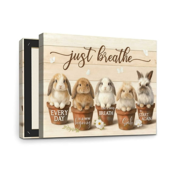 Just Breathe Bunny Canvas Wall Art – Rabbits in Pots with Butterflies on Rustic Wood – Inspirational: Every Day Is a New Beginning, Breathe, Smile & Start Again – Farmhouse Nursery Decor