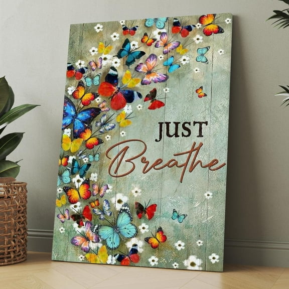 Just Breathe Butterfly Vintage Framed Canvas Wall Art, Christian Wall Decor for Office Living Room Bed Room, Inspirational Religious Wall Decor Gift