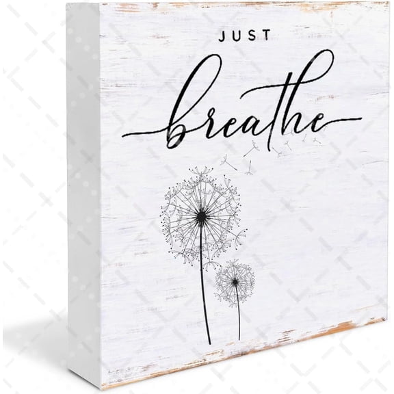 Just Breathe Dandelion Wooden Box Sign Table Decor Rustic Farmhouse Style Inspirational Quotes Wooden Block Plaque Box Sign for Bedroom Shelf Decor Office Desk Decor Square 5x5 In