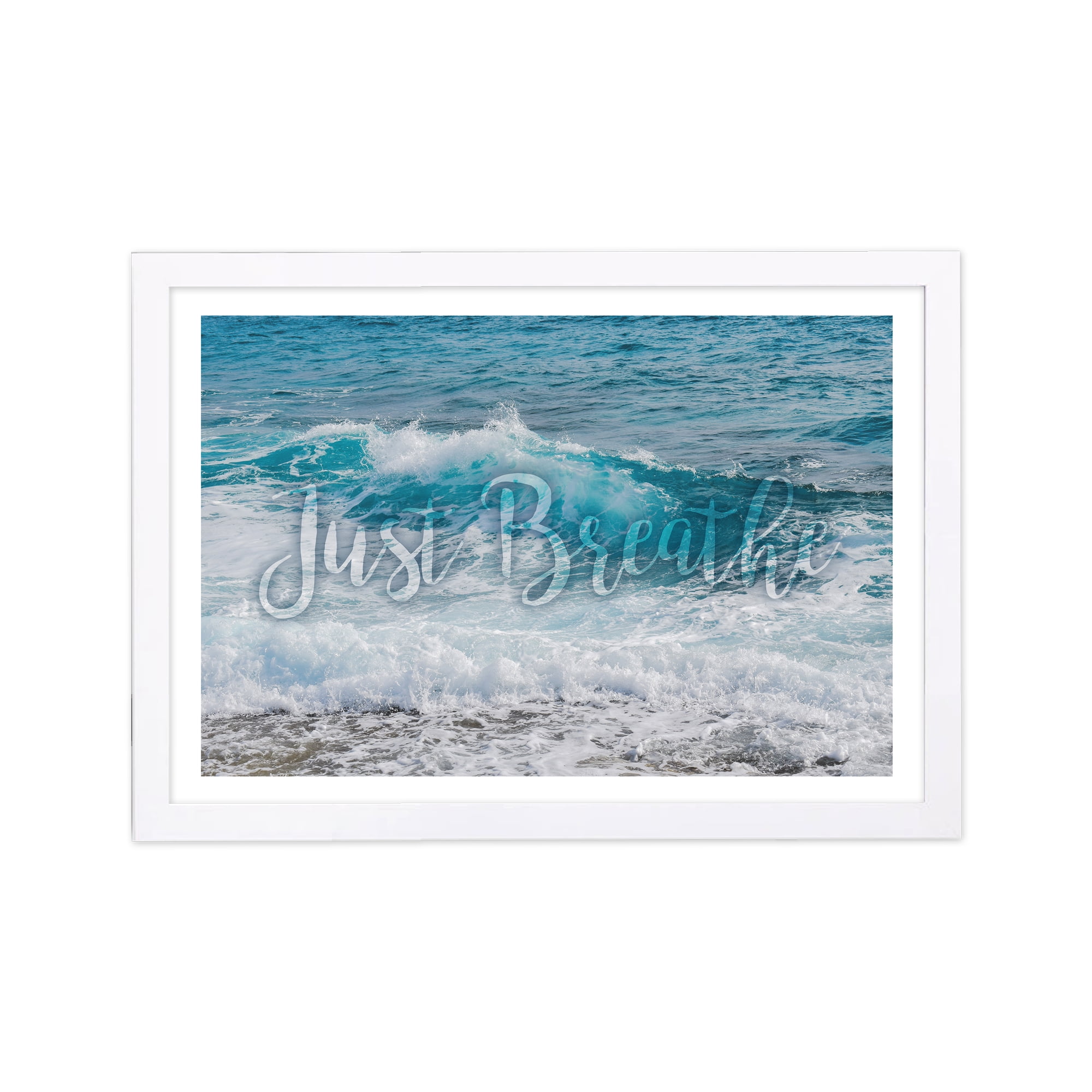 Just Breathe Blue and White Framed Motivational Quote Print
