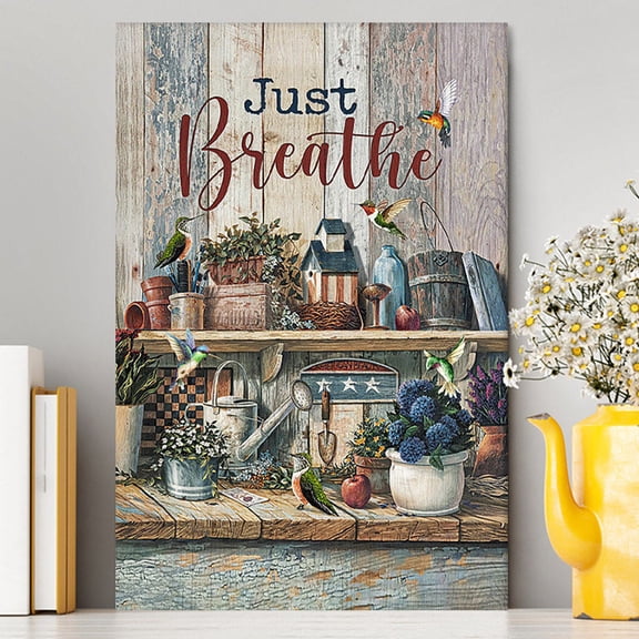 Just Breathe Kitchen Hummingbird Christian Framed Canvas Wall Art, Scripture Print Home Decor, Inspirational Religious Wall Decor Gift, Christmas Gift